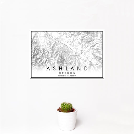 12x18 Ashland Oregon Map Print Landscape Orientation in Classic Style With Small Cactus Plant in White Planter