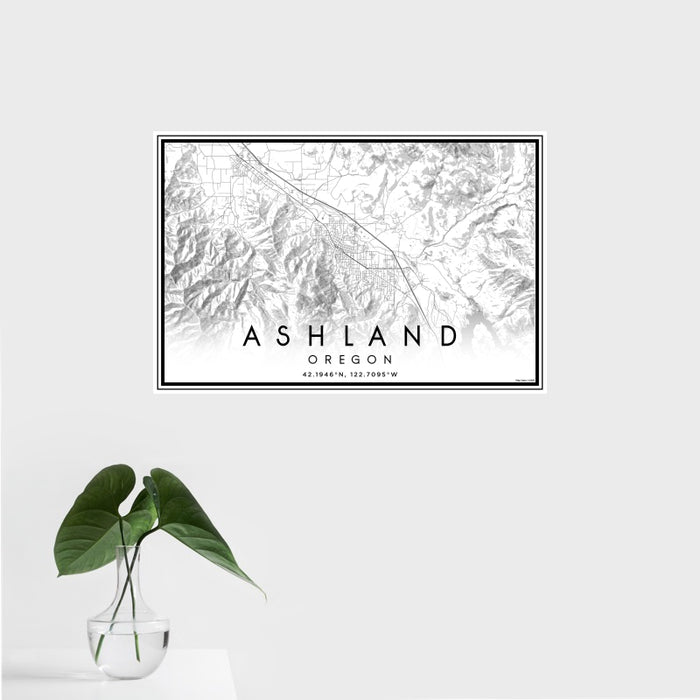 16x24 Ashland Oregon Map Print Landscape Orientation in Classic Style With Tropical Plant Leaves in Water