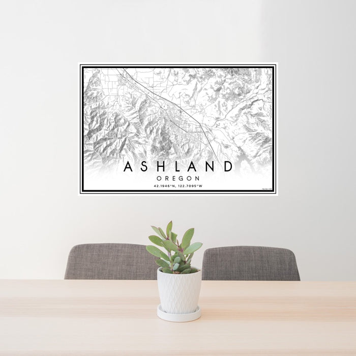 24x36 Ashland Oregon Map Print Landscape Orientation in Classic Style Behind 2 Chairs Table and Potted Plant