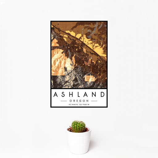 12x18 Ashland Oregon Map Print Portrait Orientation in Ember Style With Small Cactus Plant in White Planter
