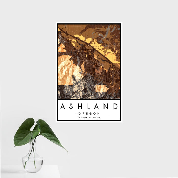 16x24 Ashland Oregon Map Print Portrait Orientation in Ember Style With Tropical Plant Leaves in Water