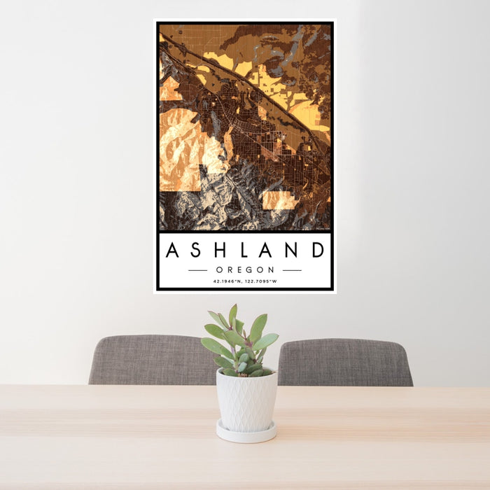 24x36 Ashland Oregon Map Print Portrait Orientation in Ember Style Behind 2 Chairs Table and Potted Plant