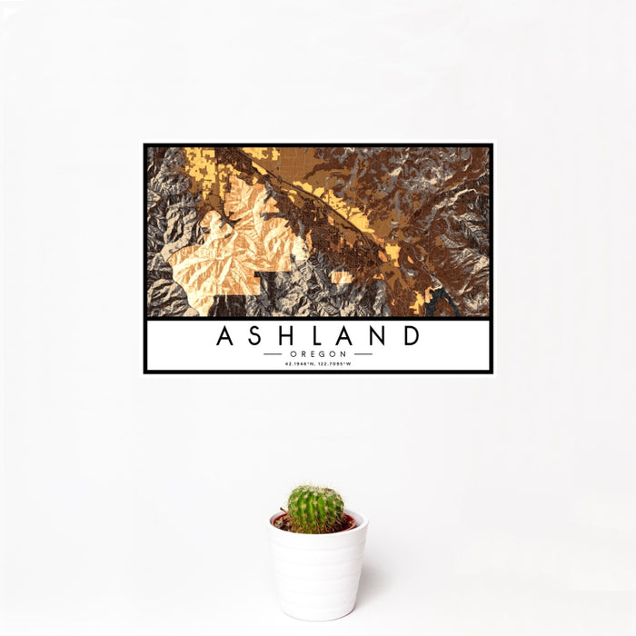 12x18 Ashland Oregon Map Print Landscape Orientation in Ember Style With Small Cactus Plant in White Planter