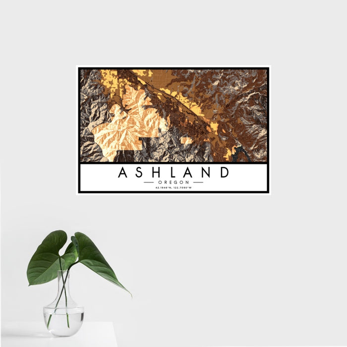 16x24 Ashland Oregon Map Print Landscape Orientation in Ember Style With Tropical Plant Leaves in Water