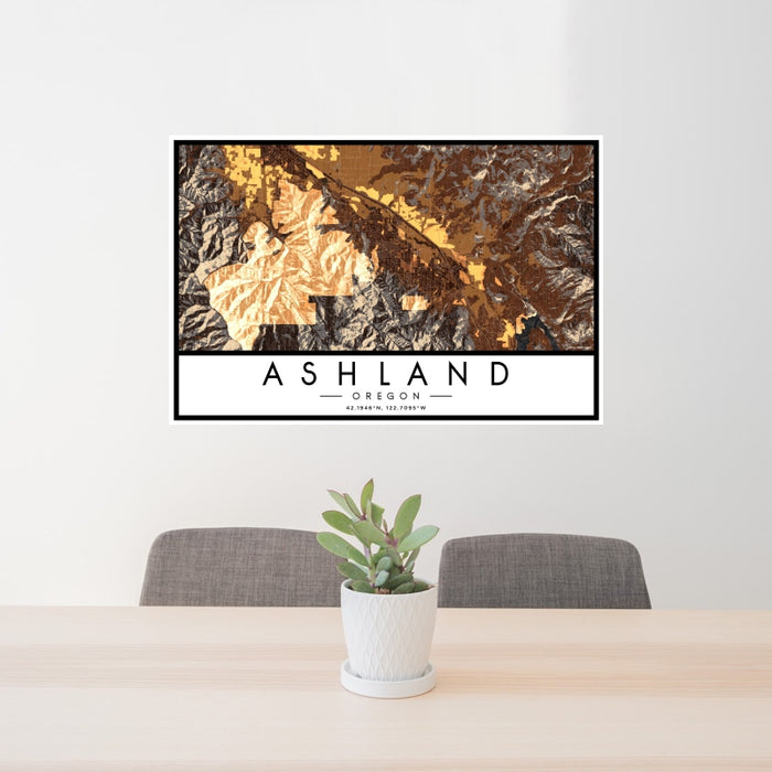 24x36 Ashland Oregon Map Print Landscape Orientation in Ember Style Behind 2 Chairs Table and Potted Plant