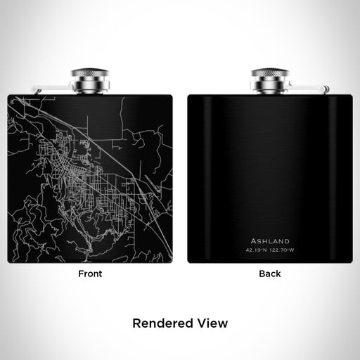 Rendered View of Ashland Oregon Map Engraving on 6oz Stainless Steel Flask in Black