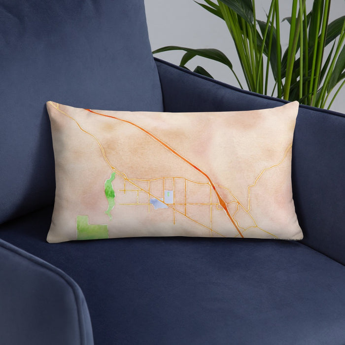 Custom Ashland Oregon Map Throw Pillow in Watercolor on Blue Colored Chair