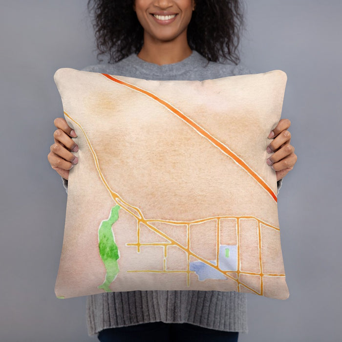Person holding 18x18 Custom Ashland Oregon Map Throw Pillow in Watercolor