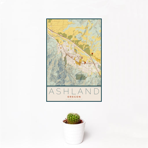 12x18 Ashland Oregon Map Print Portrait Orientation in Woodblock Style With Small Cactus Plant in White Planter