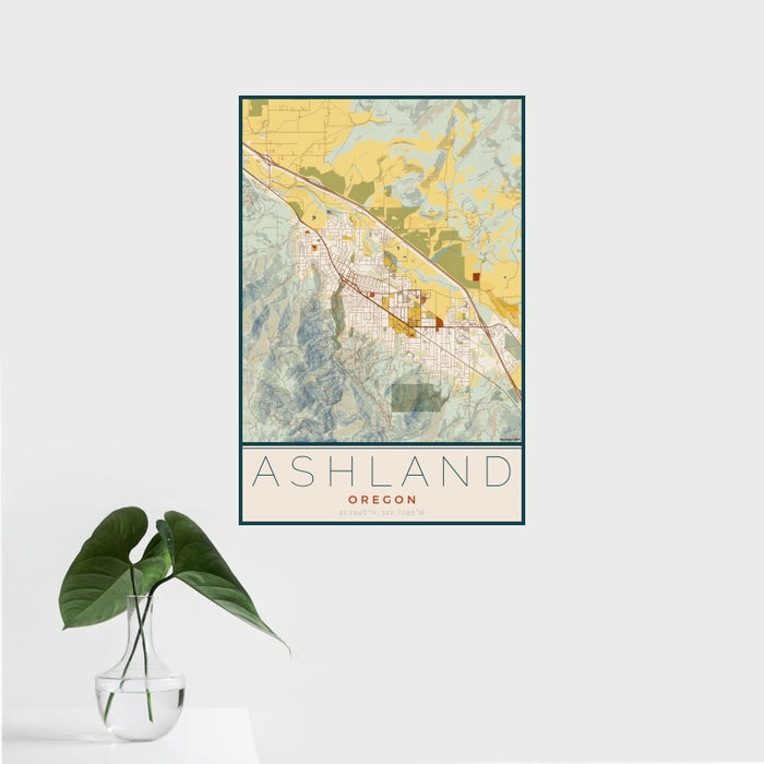 16x24 Ashland Oregon Map Print Portrait Orientation in Woodblock Style With Tropical Plant Leaves in Water