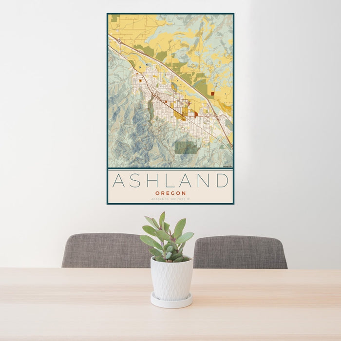 24x36 Ashland Oregon Map Print Portrait Orientation in Woodblock Style Behind 2 Chairs Table and Potted Plant