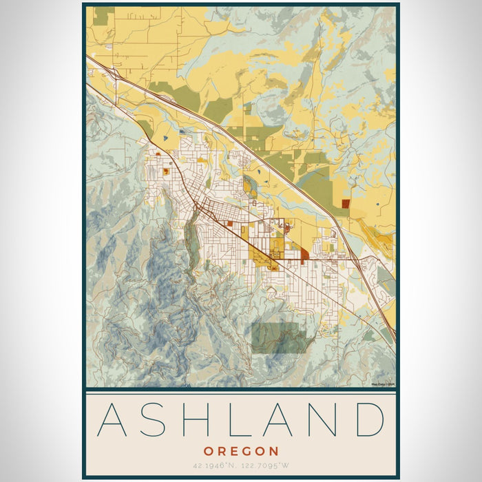 Ashland Oregon Map Print Portrait Orientation in Woodblock Style With Shaded Background