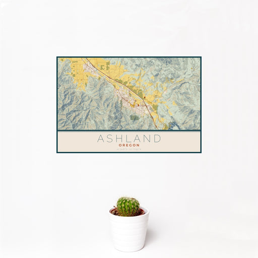 12x18 Ashland Oregon Map Print Landscape Orientation in Woodblock Style With Small Cactus Plant in White Planter