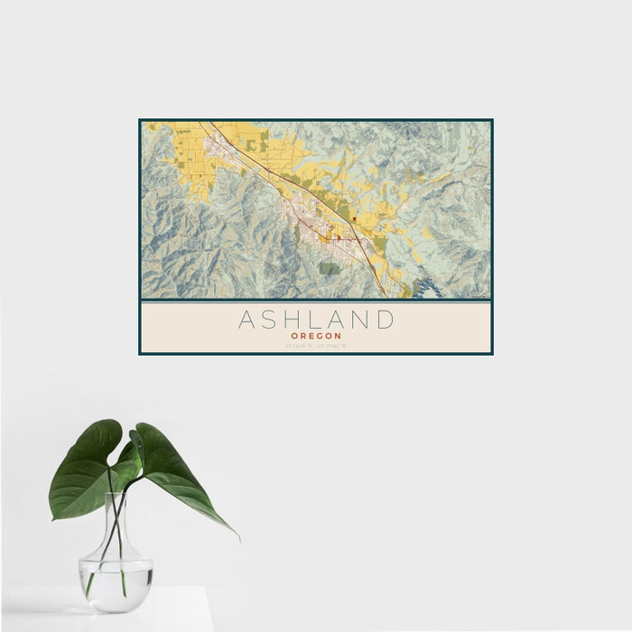 16x24 Ashland Oregon Map Print Landscape Orientation in Woodblock Style With Tropical Plant Leaves in Water