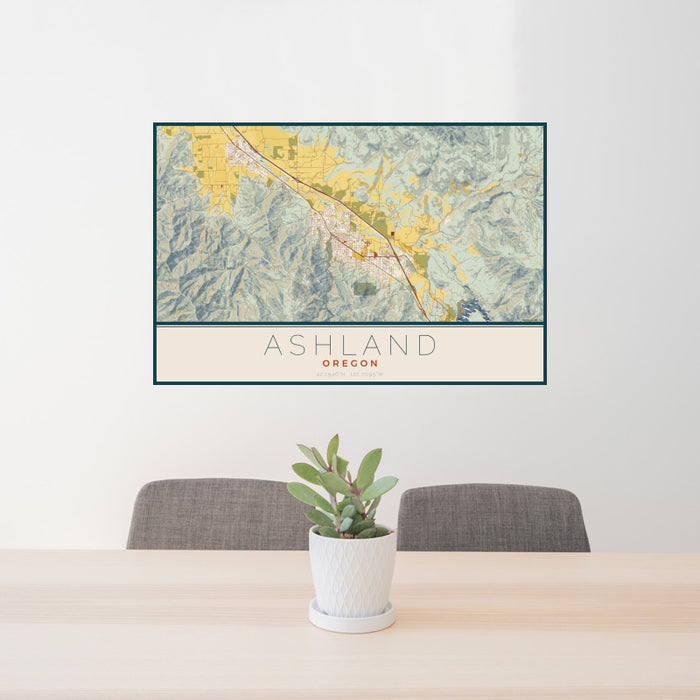 24x36 Ashland Oregon Map Print Landscape Orientation in Woodblock Style Behind 2 Chairs Table and Potted Plant