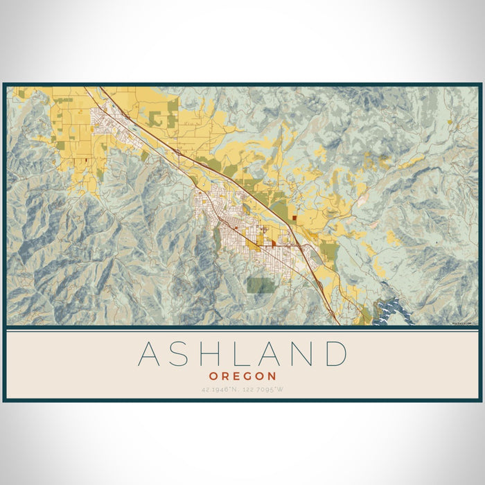 Ashland Oregon Map Print Landscape Orientation in Woodblock Style With Shaded Background
