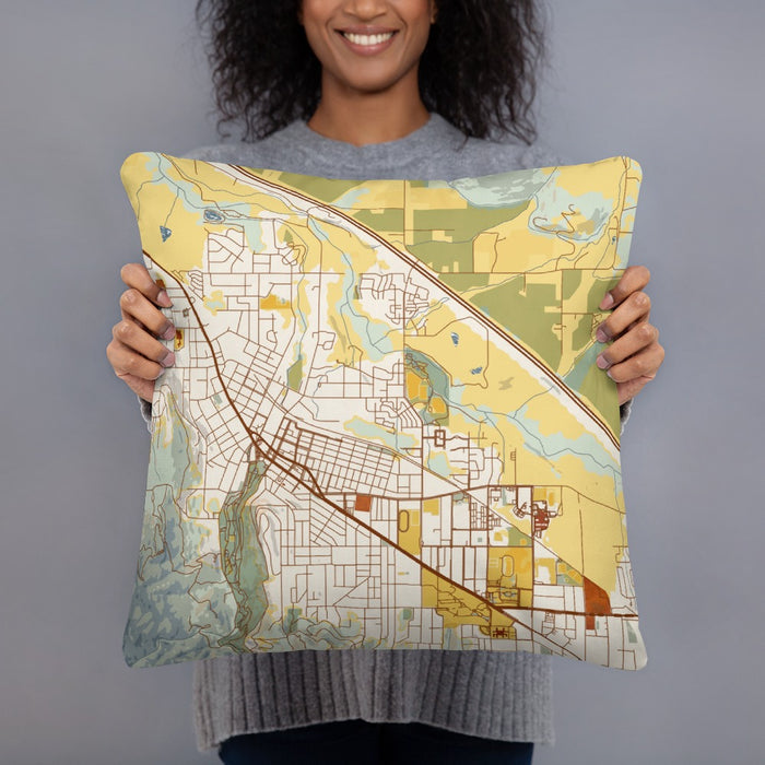 Person holding 18x18 Custom Ashland Oregon Map Throw Pillow in Woodblock