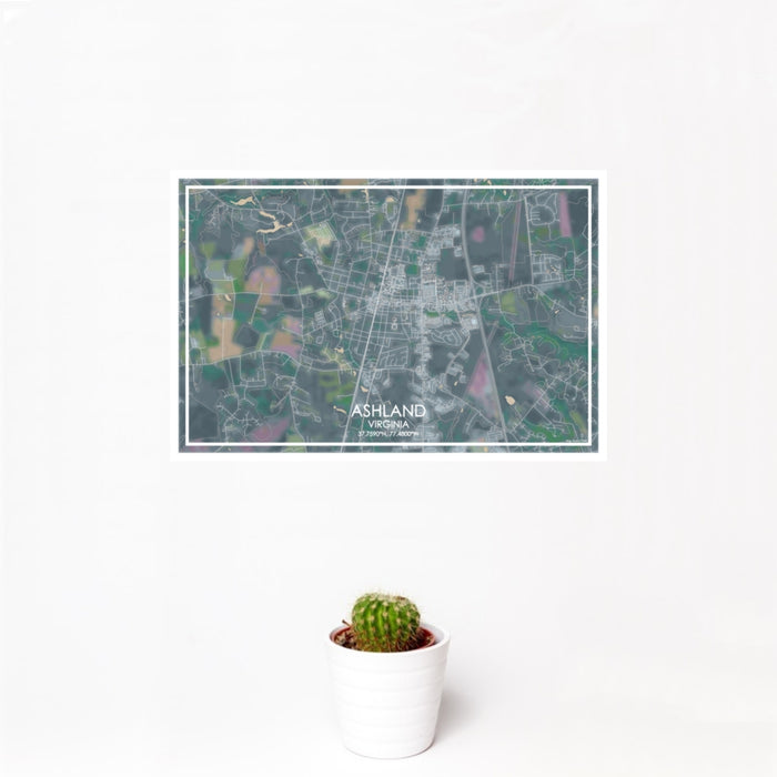 12x18 Ashland Virginia Map Print Landscape Orientation in Afternoon Style With Small Cactus Plant in White Planter