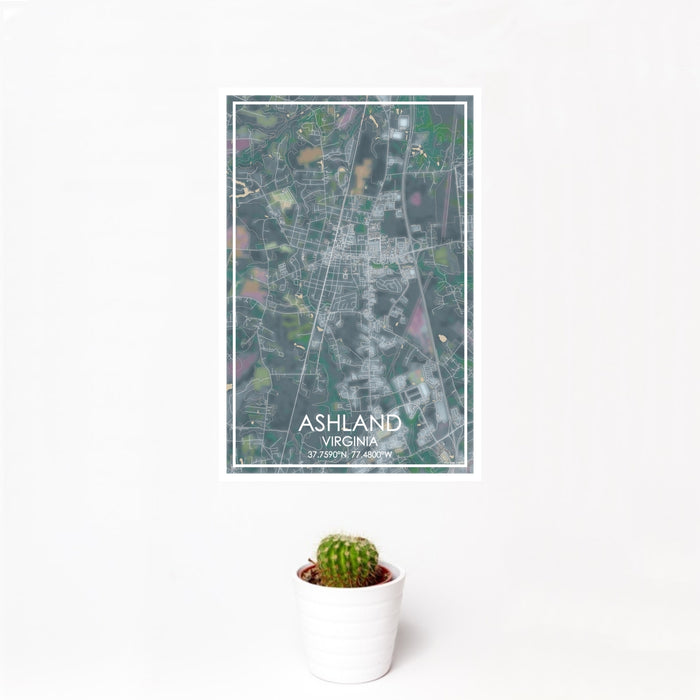 12x18 Ashland Virginia Map Print Portrait Orientation in Afternoon Style With Small Cactus Plant in White Planter