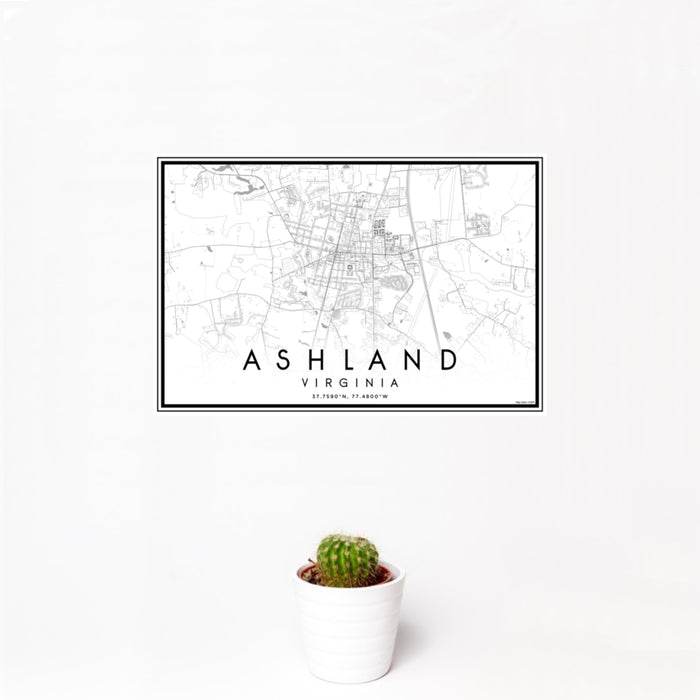 12x18 Ashland Virginia Map Print Landscape Orientation in Classic Style With Small Cactus Plant in White Planter