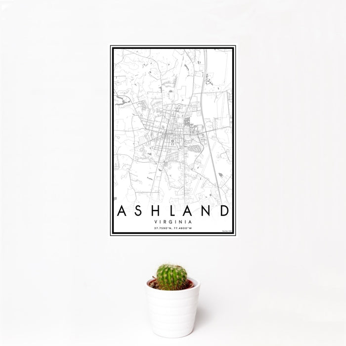 12x18 Ashland Virginia Map Print Portrait Orientation in Classic Style With Small Cactus Plant in White Planter