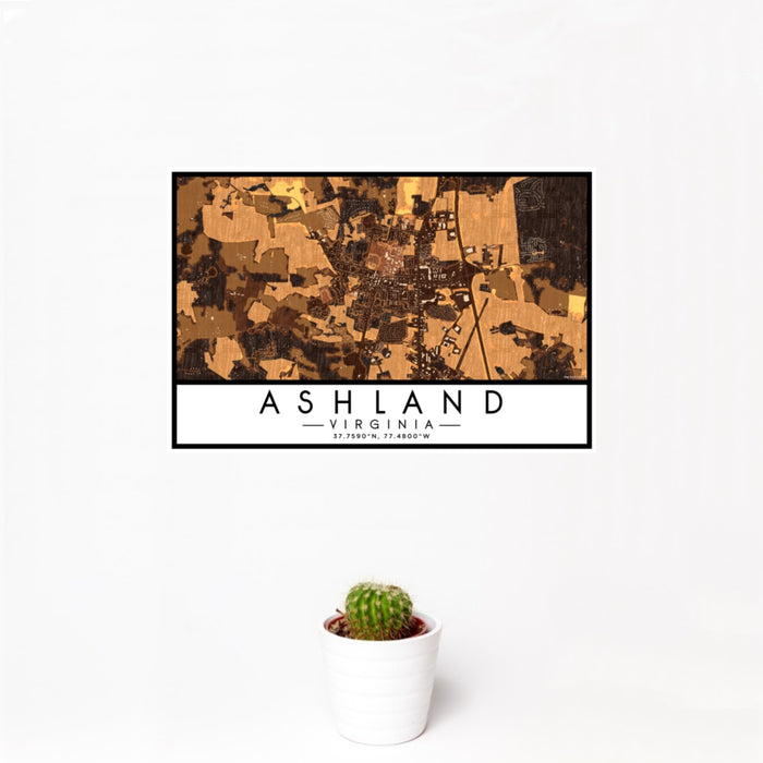 12x18 Ashland Virginia Map Print Landscape Orientation in Ember Style With Small Cactus Plant in White Planter