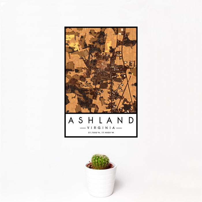 12x18 Ashland Virginia Map Print Portrait Orientation in Ember Style With Small Cactus Plant in White Planter