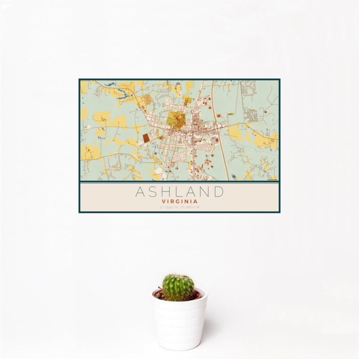 12x18 Ashland Virginia Map Print Landscape Orientation in Woodblock Style With Small Cactus Plant in White Planter