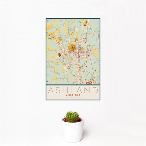 12x18 Ashland Virginia Map Print Portrait Orientation in Woodblock Style With Small Cactus Plant in White Planter