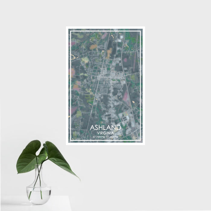 16x24 Ashland Virginia Map Print Portrait Orientation in Afternoon Style With Tropical Plant Leaves in Water