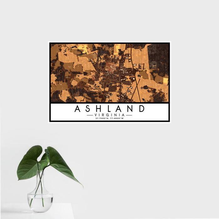 16x24 Ashland Virginia Map Print Landscape Orientation in Ember Style With Tropical Plant Leaves in Water