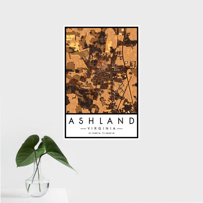16x24 Ashland Virginia Map Print Portrait Orientation in Ember Style With Tropical Plant Leaves in Water