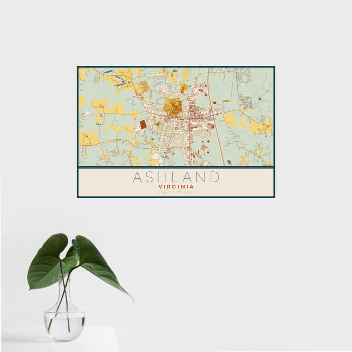 16x24 Ashland Virginia Map Print Landscape Orientation in Woodblock Style With Tropical Plant Leaves in Water