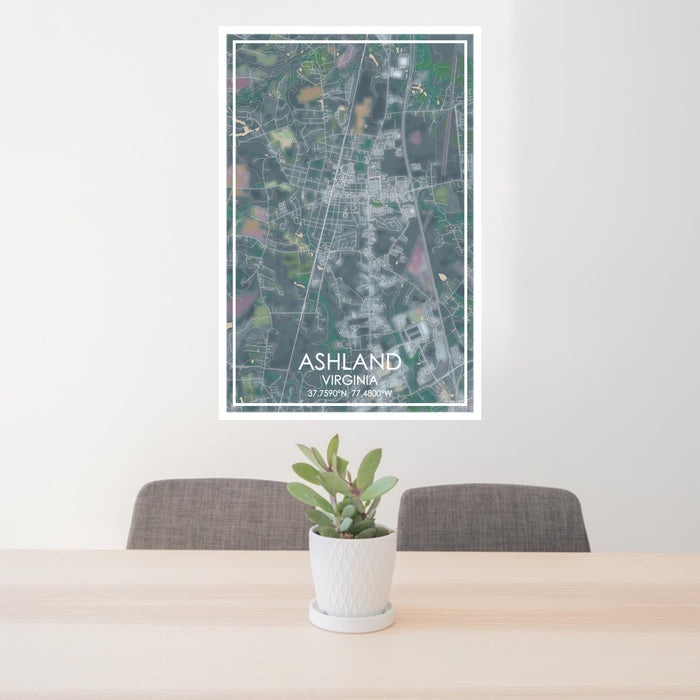 24x36 Ashland Virginia Map Print Portrait Orientation in Afternoon Style Behind 2 Chairs Table and Potted Plant
