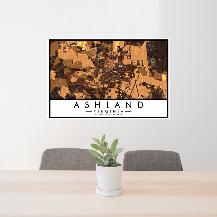 24x36 Ashland Virginia Map Print Lanscape Orientation in Ember Style Behind 2 Chairs Table and Potted Plant