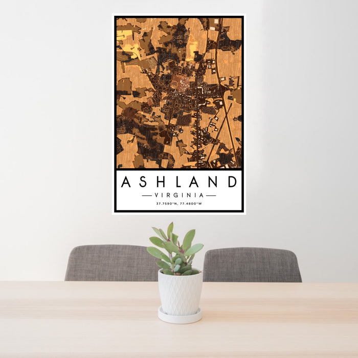 24x36 Ashland Virginia Map Print Portrait Orientation in Ember Style Behind 2 Chairs Table and Potted Plant
