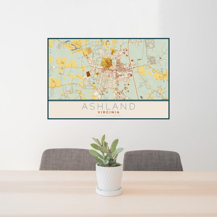 24x36 Ashland Virginia Map Print Lanscape Orientation in Woodblock Style Behind 2 Chairs Table and Potted Plant