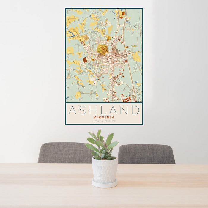 24x36 Ashland Virginia Map Print Portrait Orientation in Woodblock Style Behind 2 Chairs Table and Potted Plant