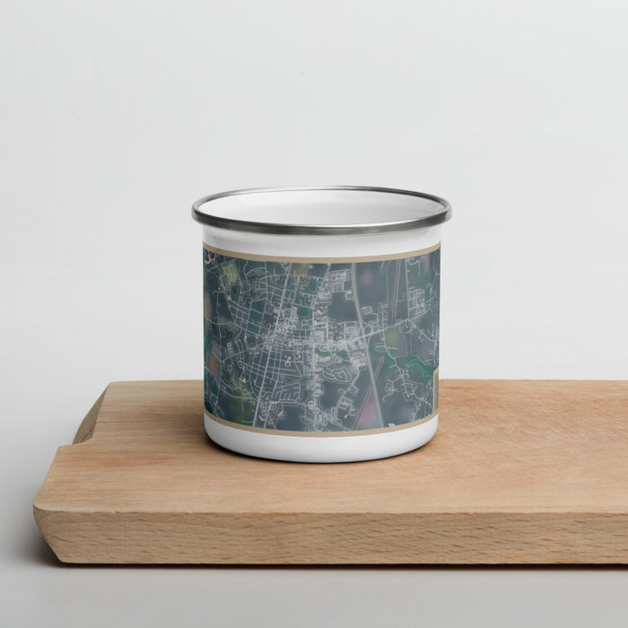 Front View Custom Ashland Virginia Map Enamel Mug in Afternoon on Cutting Board