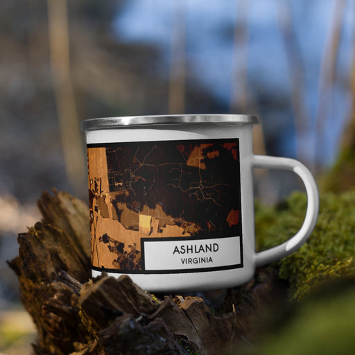 Right View Custom Ashland Virginia Map Enamel Mug in Ember on Grass With Trees in Background