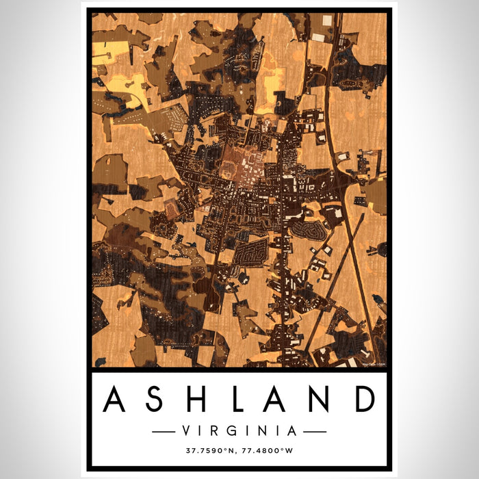 Ashland Virginia Map Print Portrait Orientation in Ember Style With Shaded Background