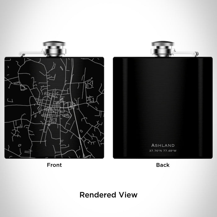 Rendered View of Ashland Virginia Map Engraving on 6oz Stainless Steel Flask in Black