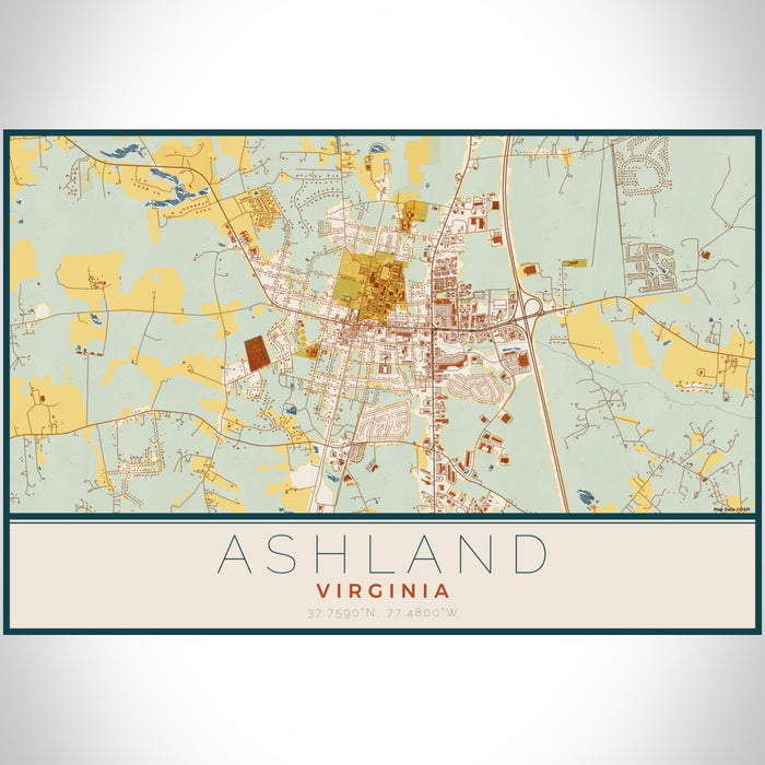 Ashland Virginia Map Print Landscape Orientation in Woodblock Style With Shaded Background