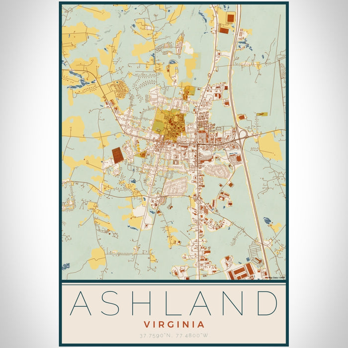 Ashland Virginia Map Print Portrait Orientation in Woodblock Style With Shaded Background