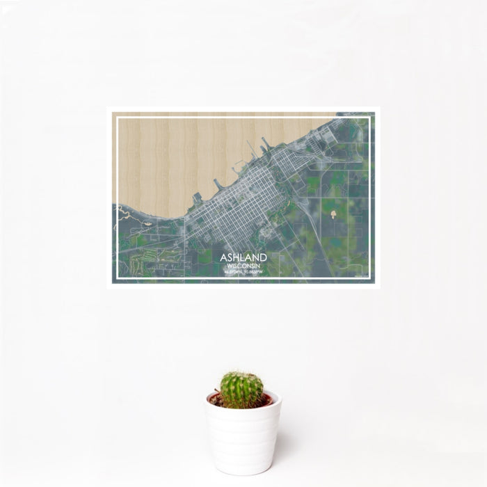 12x18 Ashland Wisconsin Map Print Landscape Orientation in Afternoon Style With Small Cactus Plant in White Planter