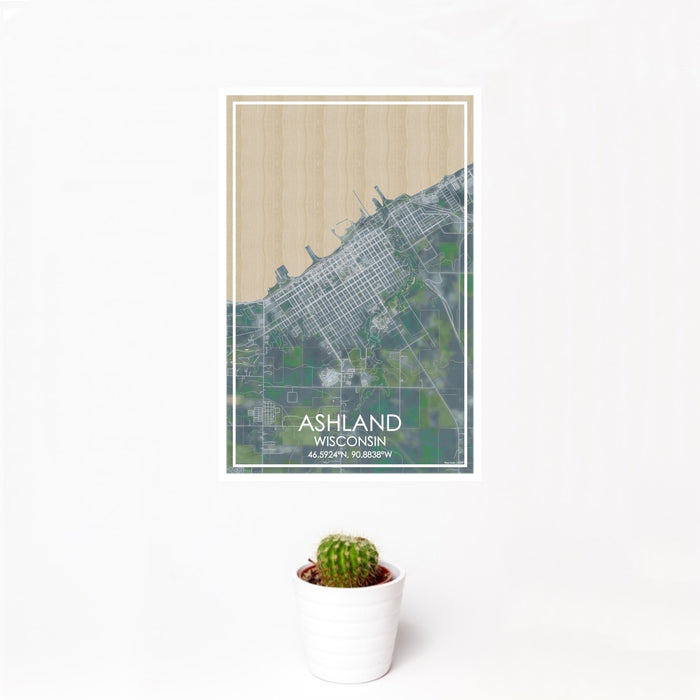 12x18 Ashland Wisconsin Map Print Portrait Orientation in Afternoon Style With Small Cactus Plant in White Planter