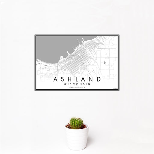 12x18 Ashland Wisconsin Map Print Landscape Orientation in Classic Style With Small Cactus Plant in White Planter
