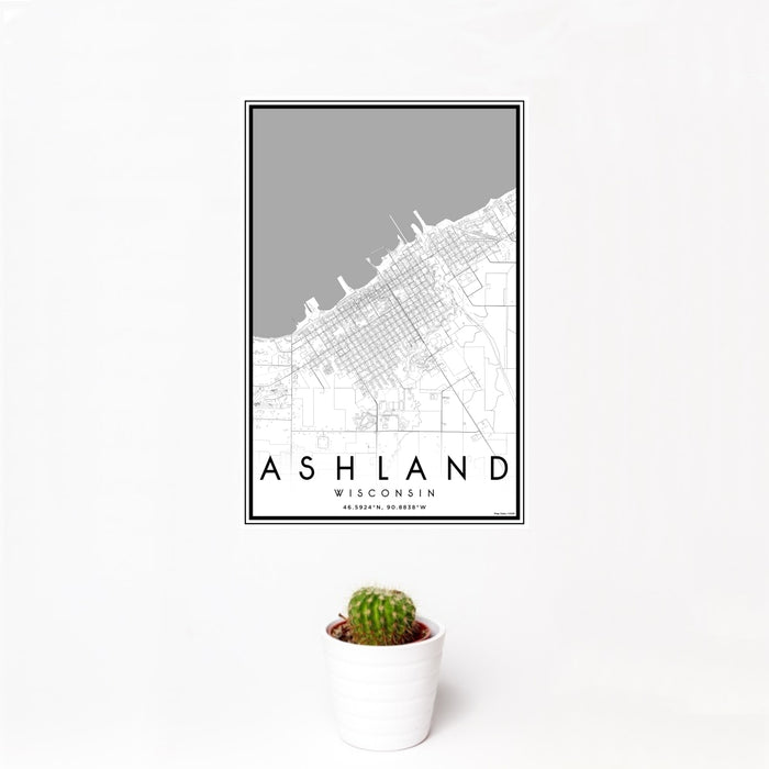 12x18 Ashland Wisconsin Map Print Portrait Orientation in Classic Style With Small Cactus Plant in White Planter