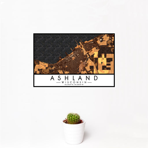 12x18 Ashland Wisconsin Map Print Landscape Orientation in Ember Style With Small Cactus Plant in White Planter
