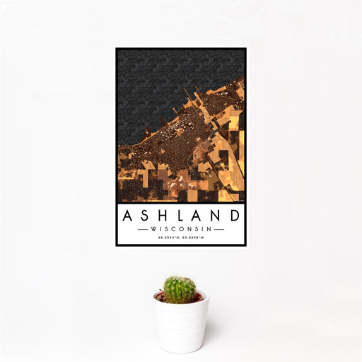 12x18 Ashland Wisconsin Map Print Portrait Orientation in Ember Style With Small Cactus Plant in White Planter